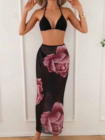 Conjunto de Biquíni e Saia Estampa Floral