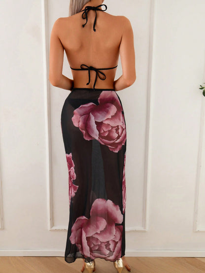 Conjunto de Biquíni e Saia Estampa Floral